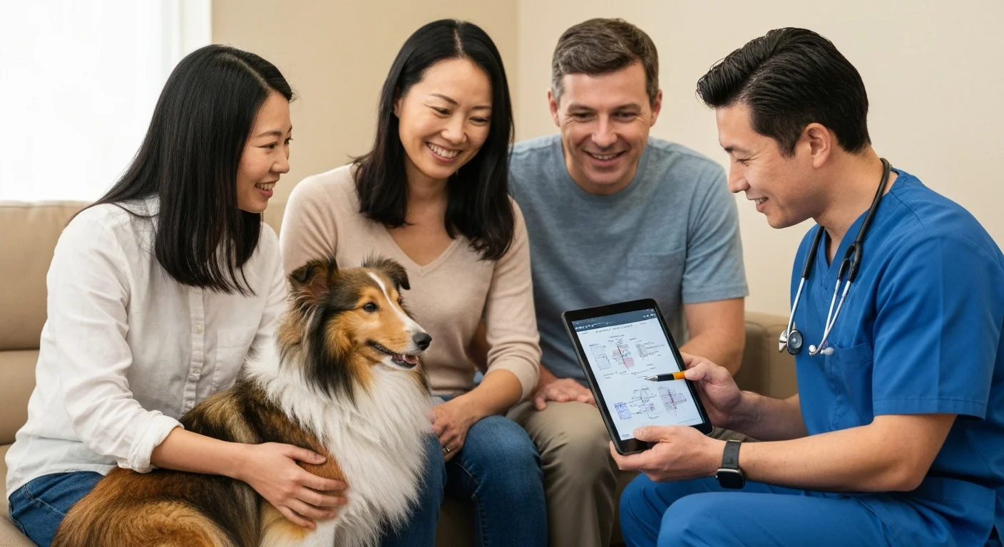 Family learning about MDR1 gene mutation with their Shetland Sheepdog