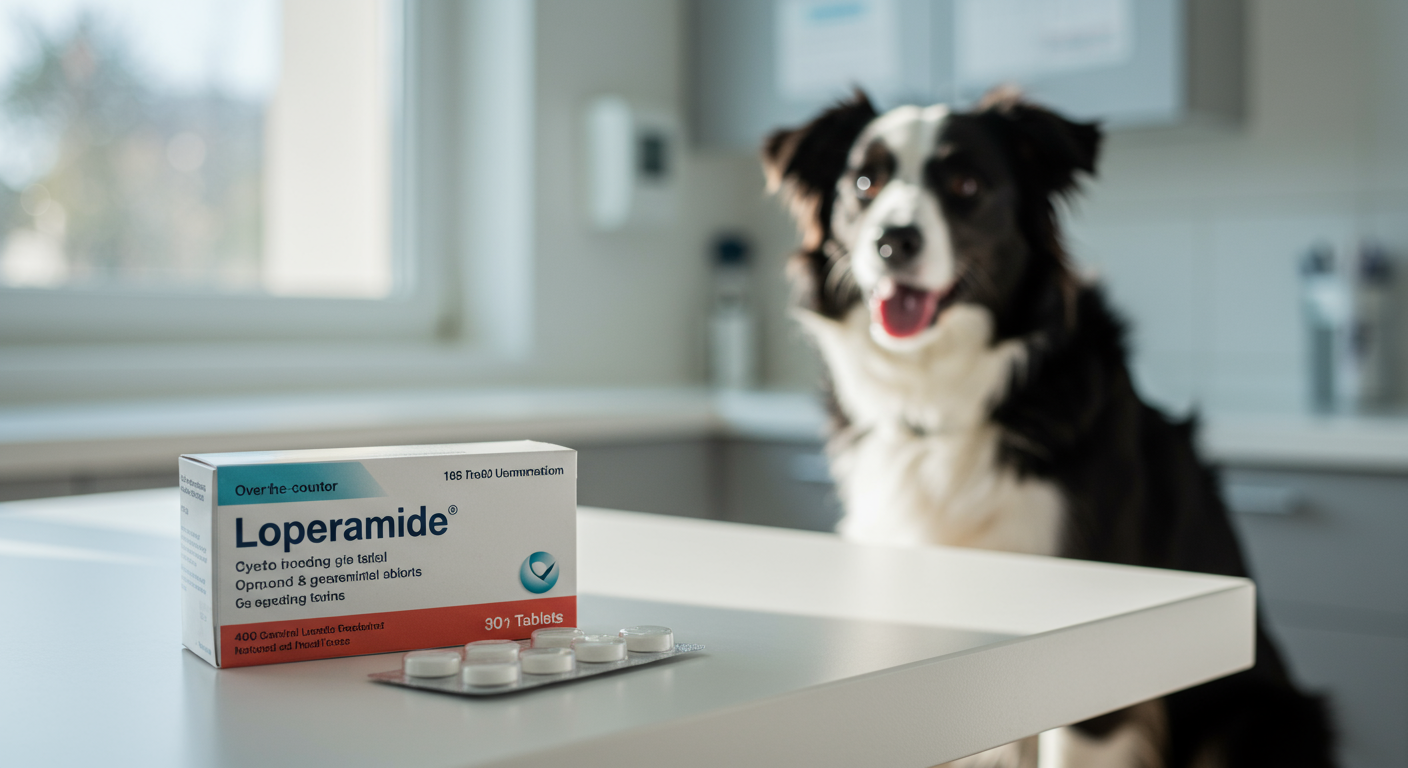Box of over-the-counter loperamide tablets on a vet clinic counter with a blurred border collie in the background