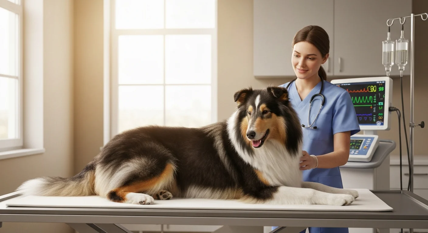 Collie dog recovering at animal hospital after medication reaction