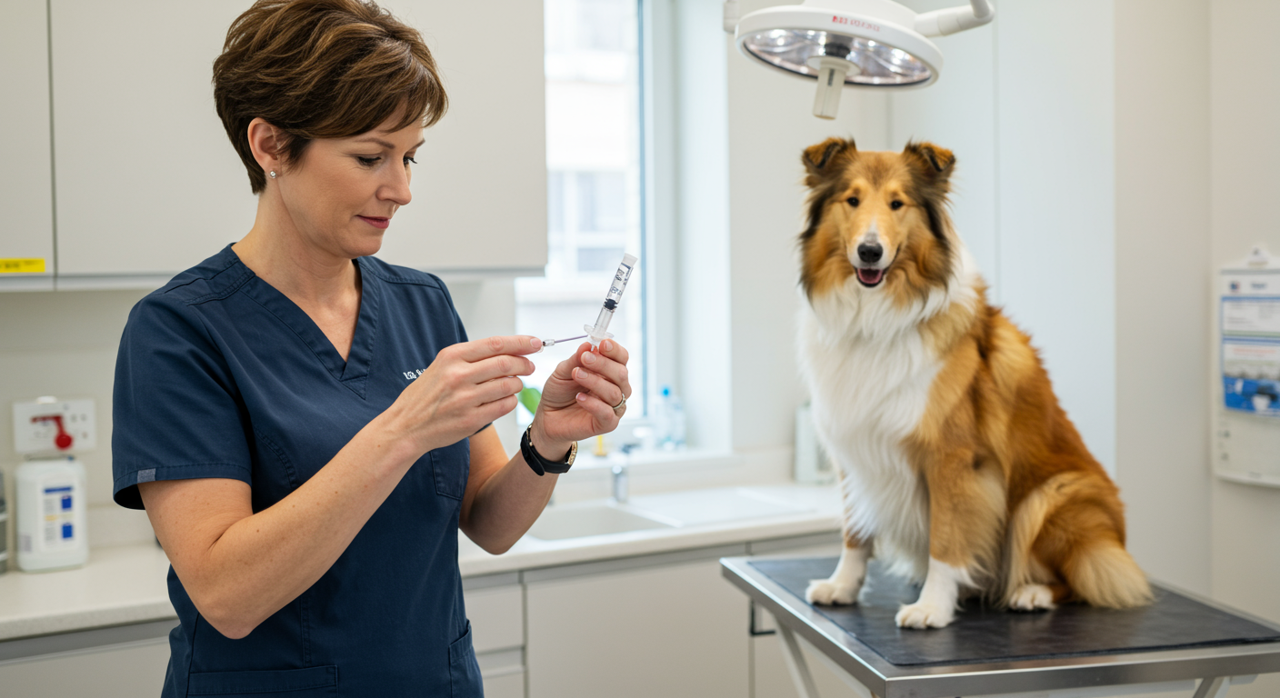 Veterinary oncologist measuring chemotherapy dose in a small syringe with a collie dog in the background