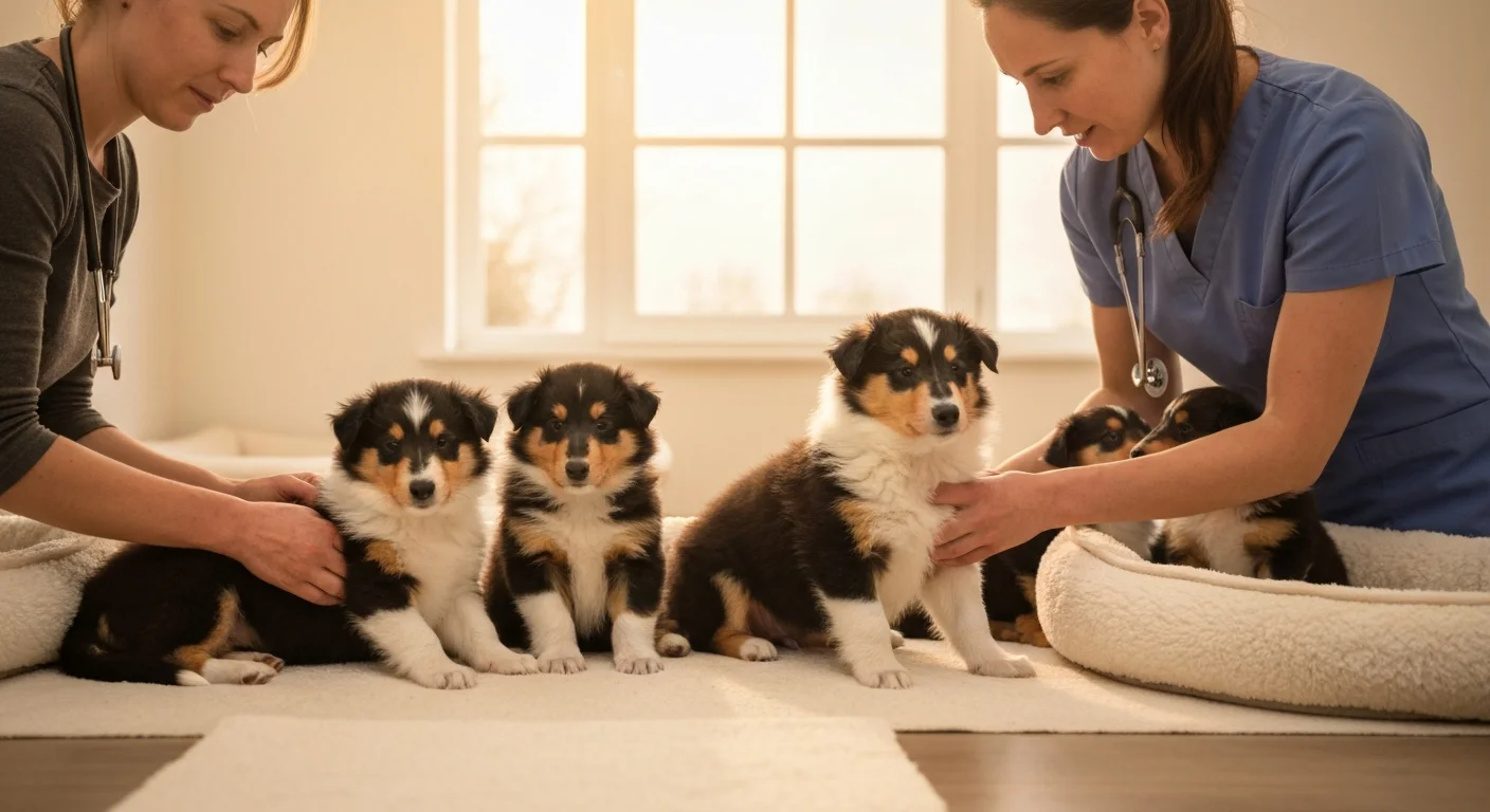 Collie puppies with breeder and veterinarian