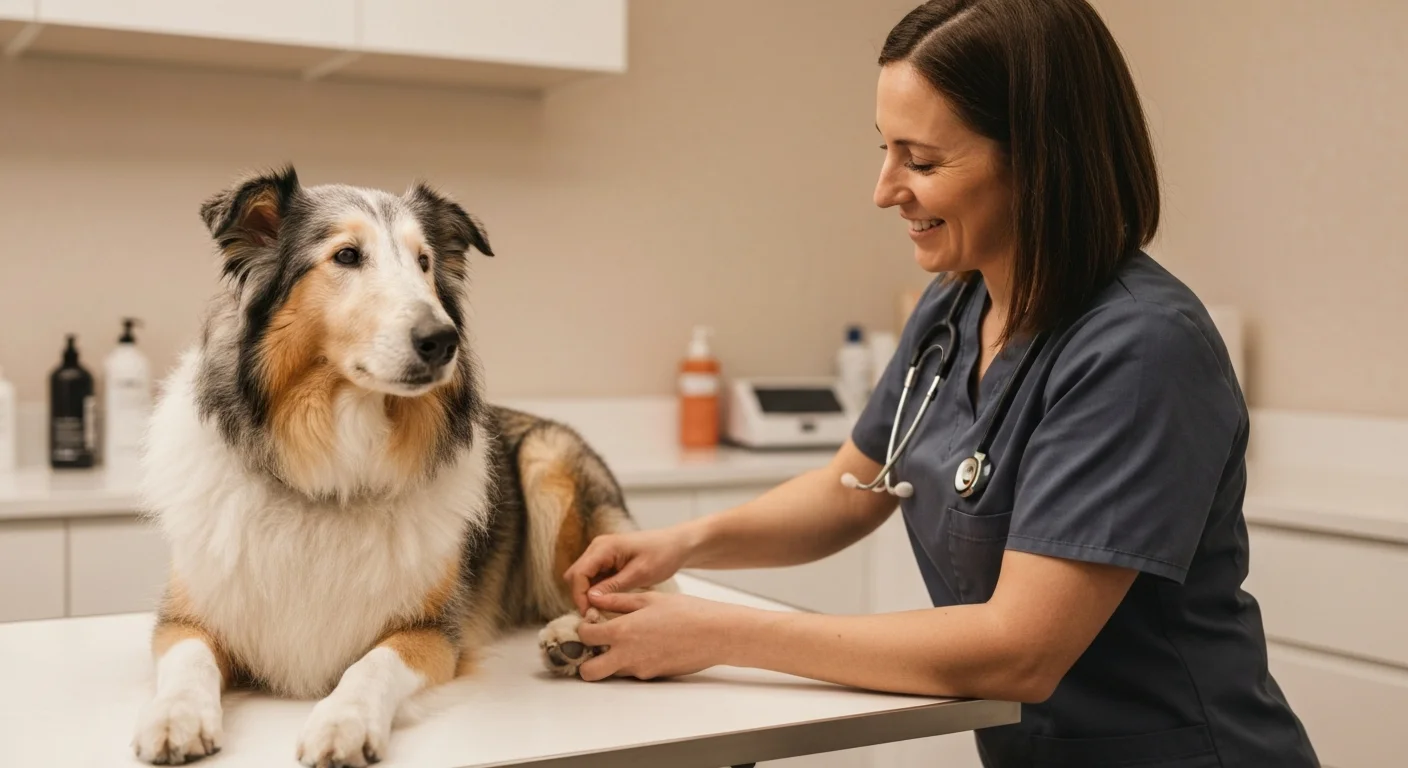 Senior Rough Collie dog at veterinary checkup