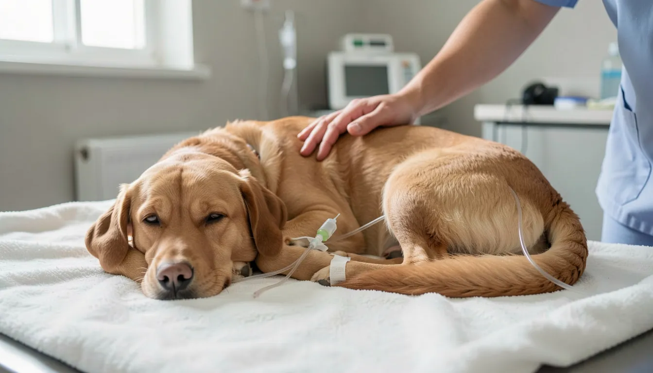 A dog lying on a soft blanket in a veterinary clinic recovery area, a drip line taped to its foreleg, a nurse&rsquo;s hand resting on its shoulder