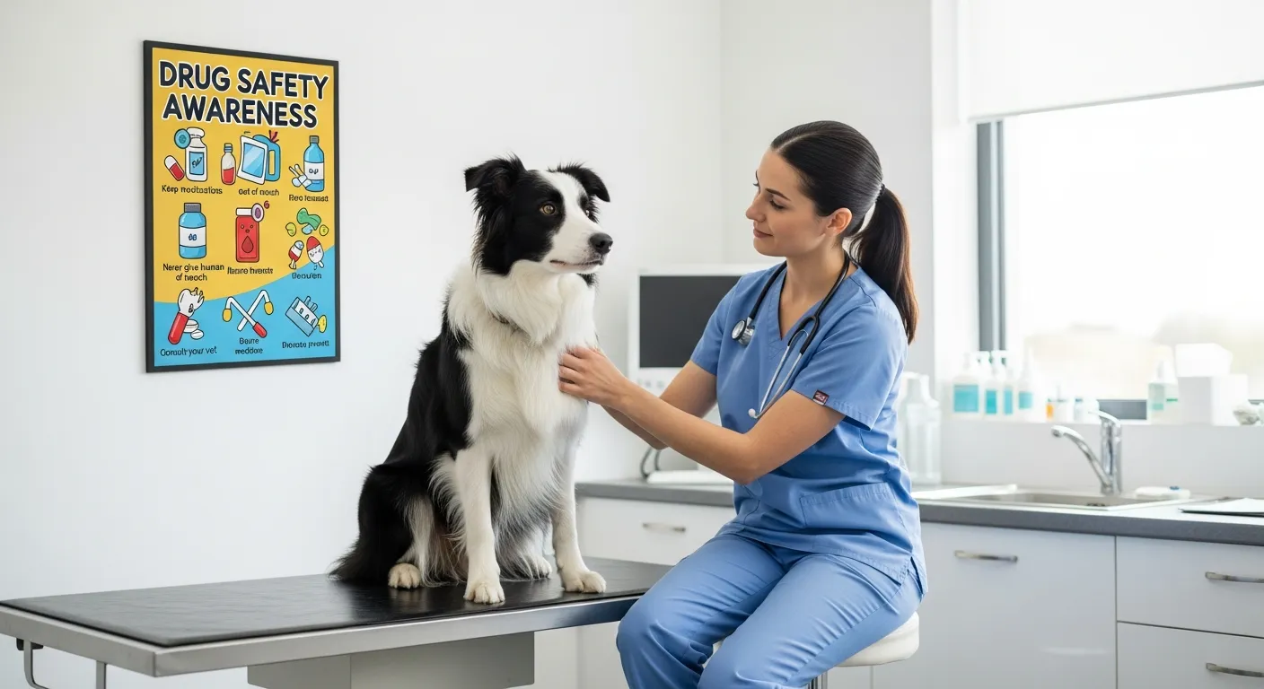 Border Collie at veterinary clinic, drug safety awareness