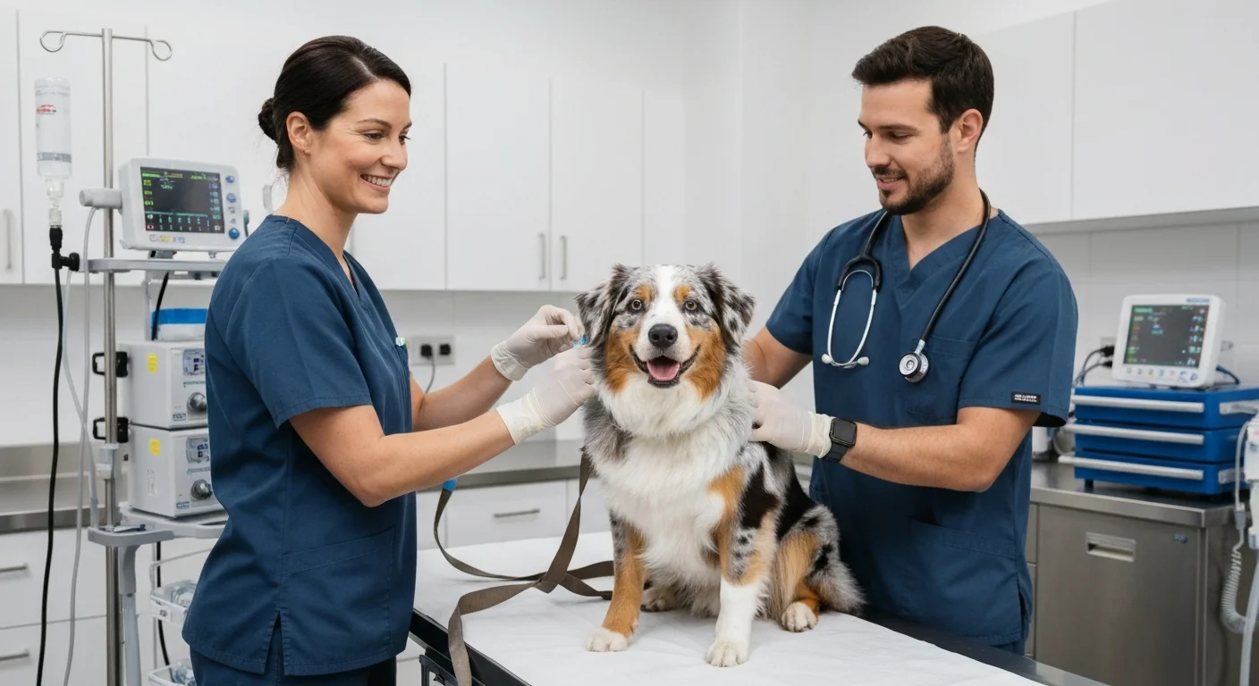 Herding dog prepared for anesthesia in veterinary surgical suite