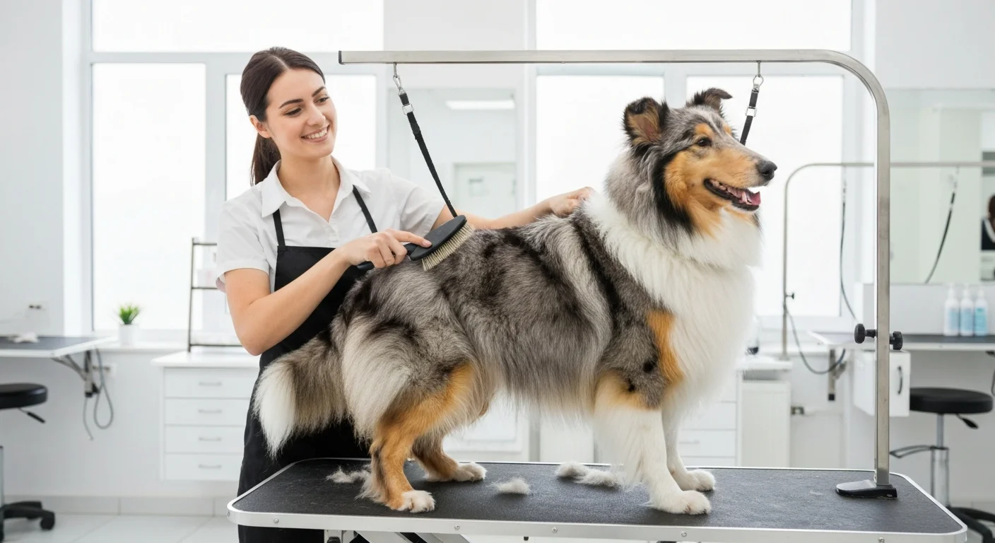A dog waiting in a shared space such as a clinic room or a grooming salon